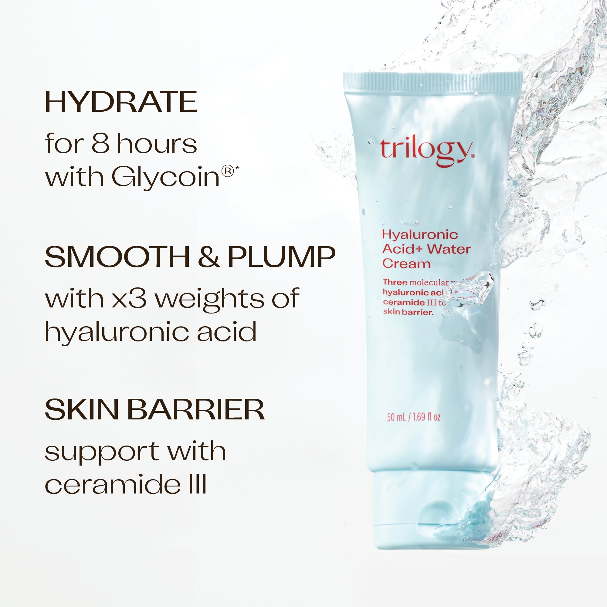 Hyaluronic Acid+ Water Cream benefits - hydrate for 8 hours with Glycoin®, smooth and plump with x3 weights of hyaluronic acid, skin barrier support with ceramide III.