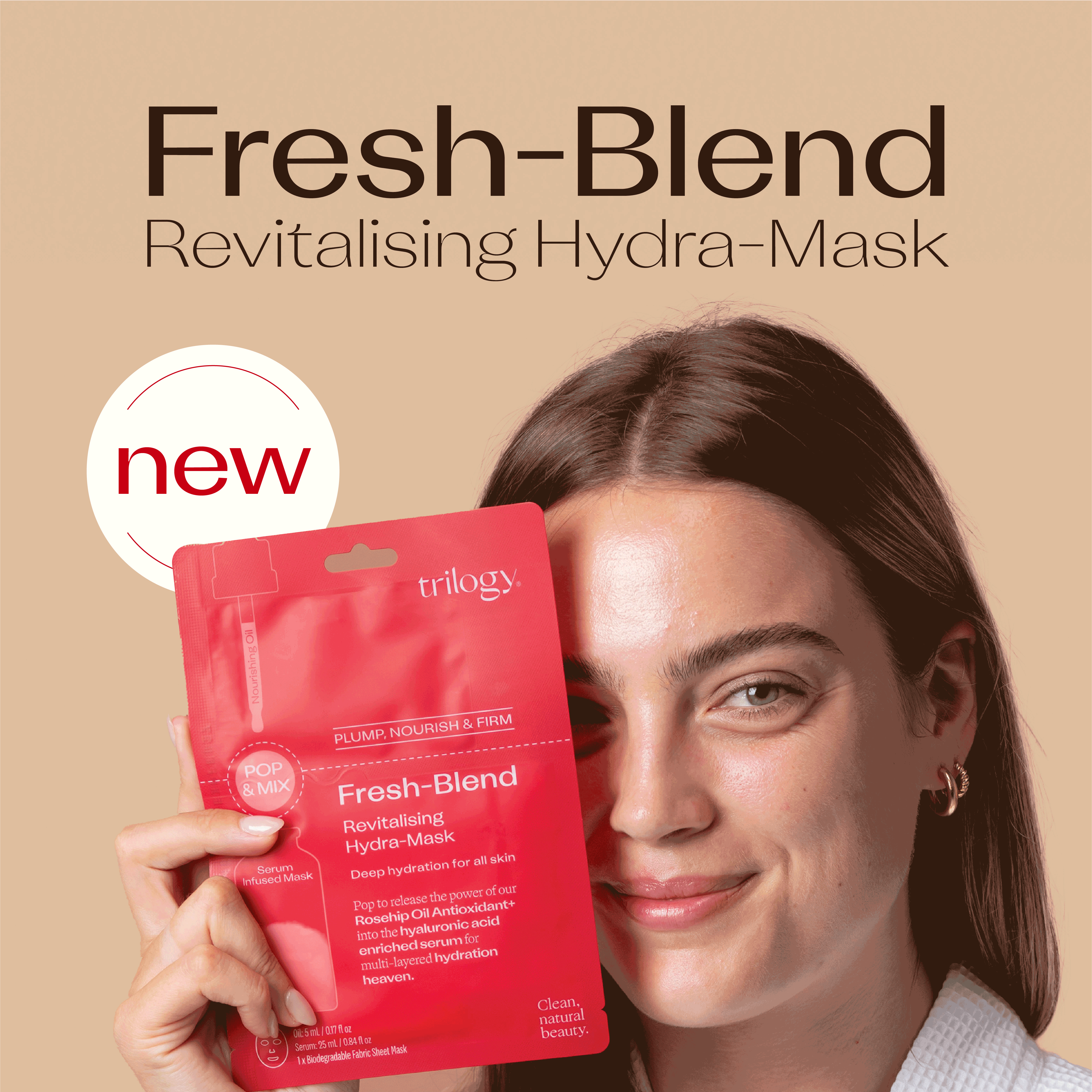 Fresh-Blend Revitalising Hydra-Mask showing how to activate the mask - first pop the oil into the serum, mix the two together and then pamper.