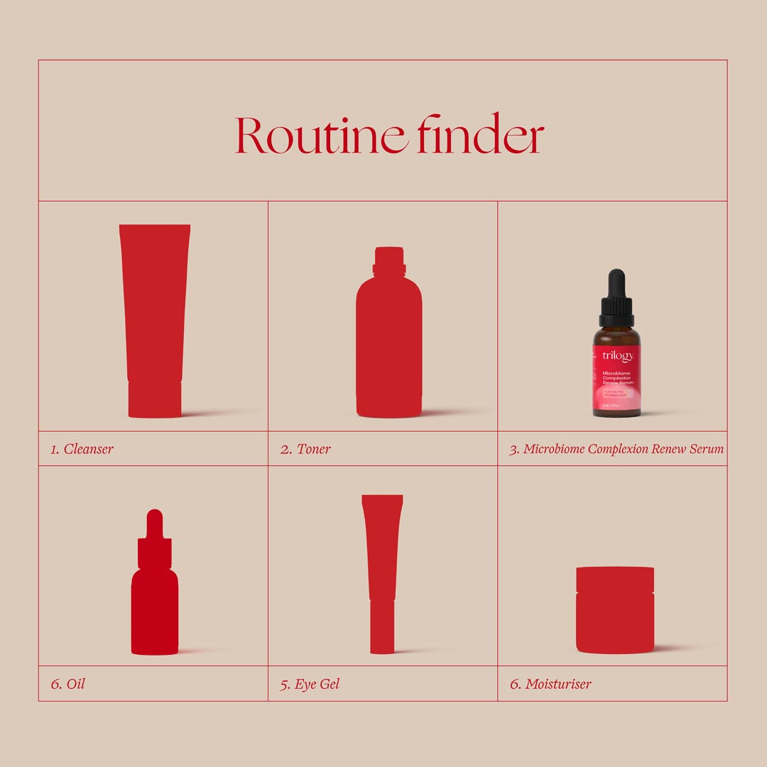 Microbiome Complexion Renew Serum in routine, cleanser, tone, Microbiome Complexion Renew Serum, oil, eye gel and moisturiser.