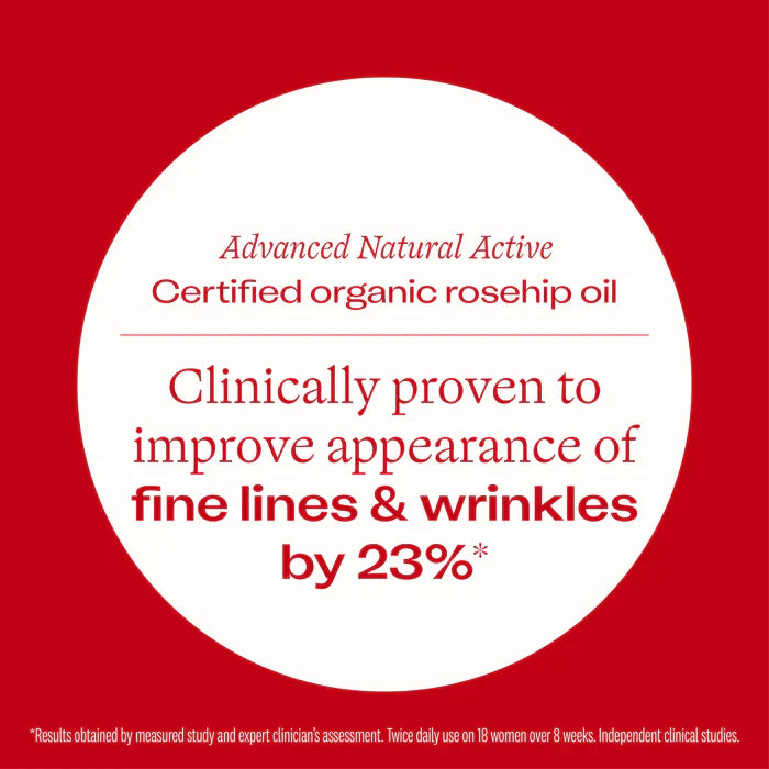 Instant Glow Rosehip Oil advanced natural active certified organic rosehip oil, clinically proven to improve appearance of fine line and wrinkles by 23%*.