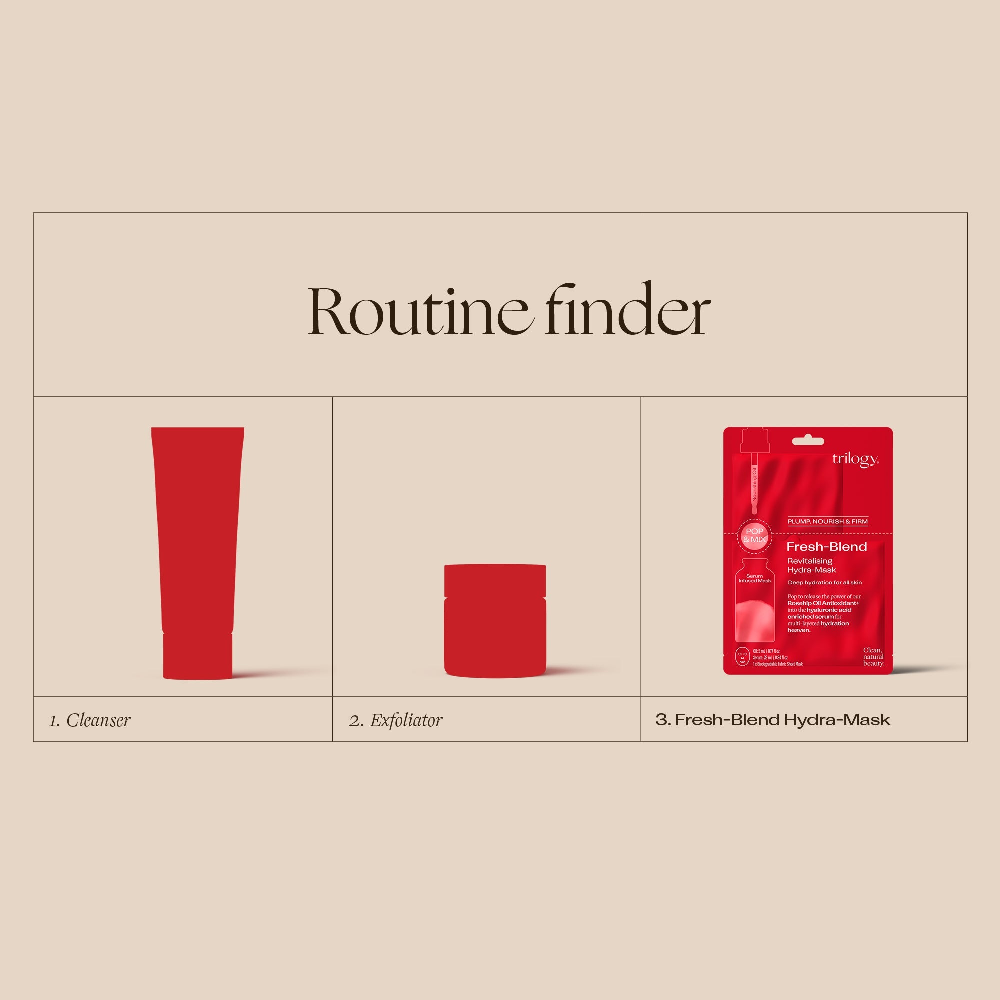 Fresh-Blend Revitalising Hydra-Mask routine finder - Cleanser, exfoliator and Fresh-Blend Revitalising Hydra-Mask.