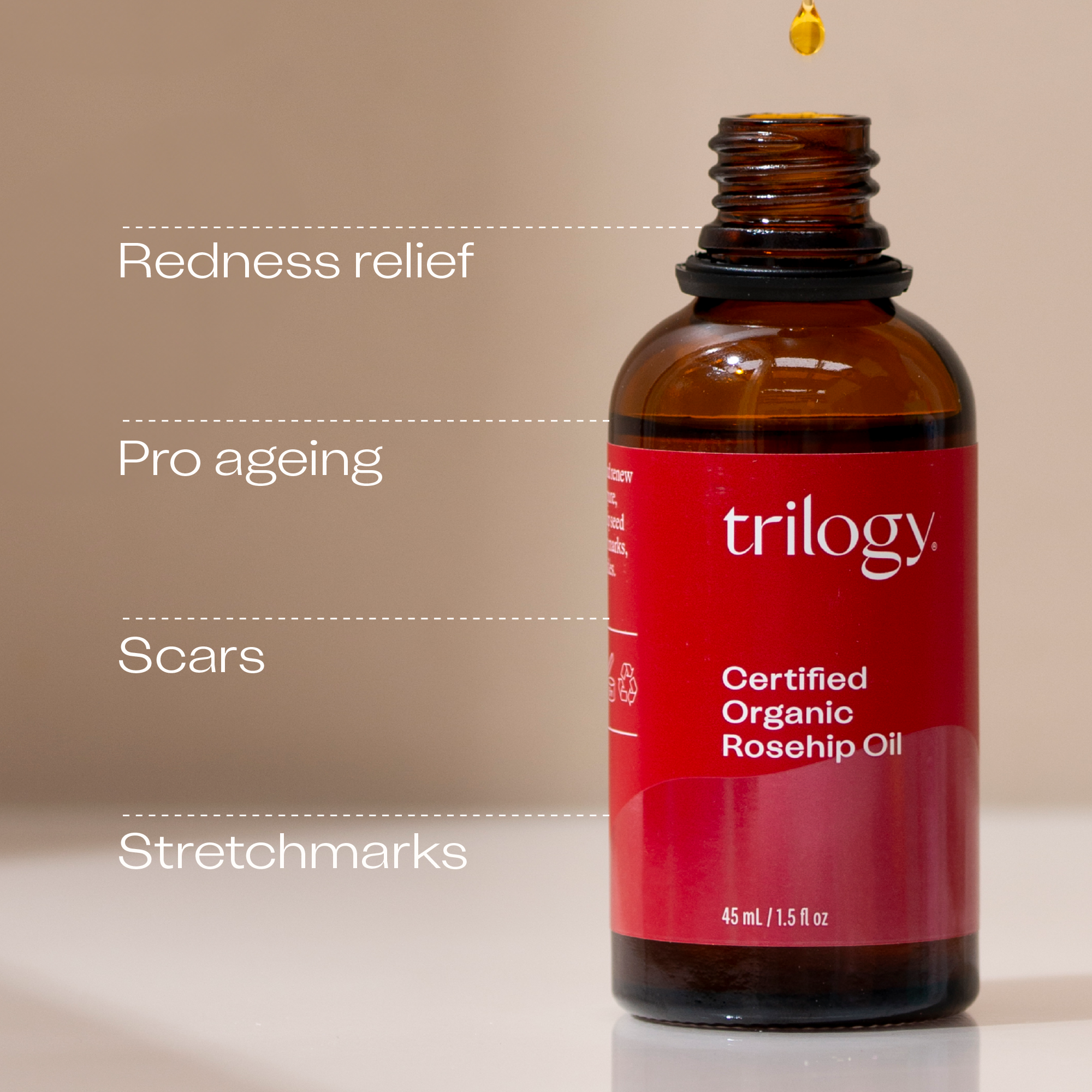 Certified Organic Rosehip Oil 45ml benefits - redness relief, pro ageing, scars and stretchmarks.