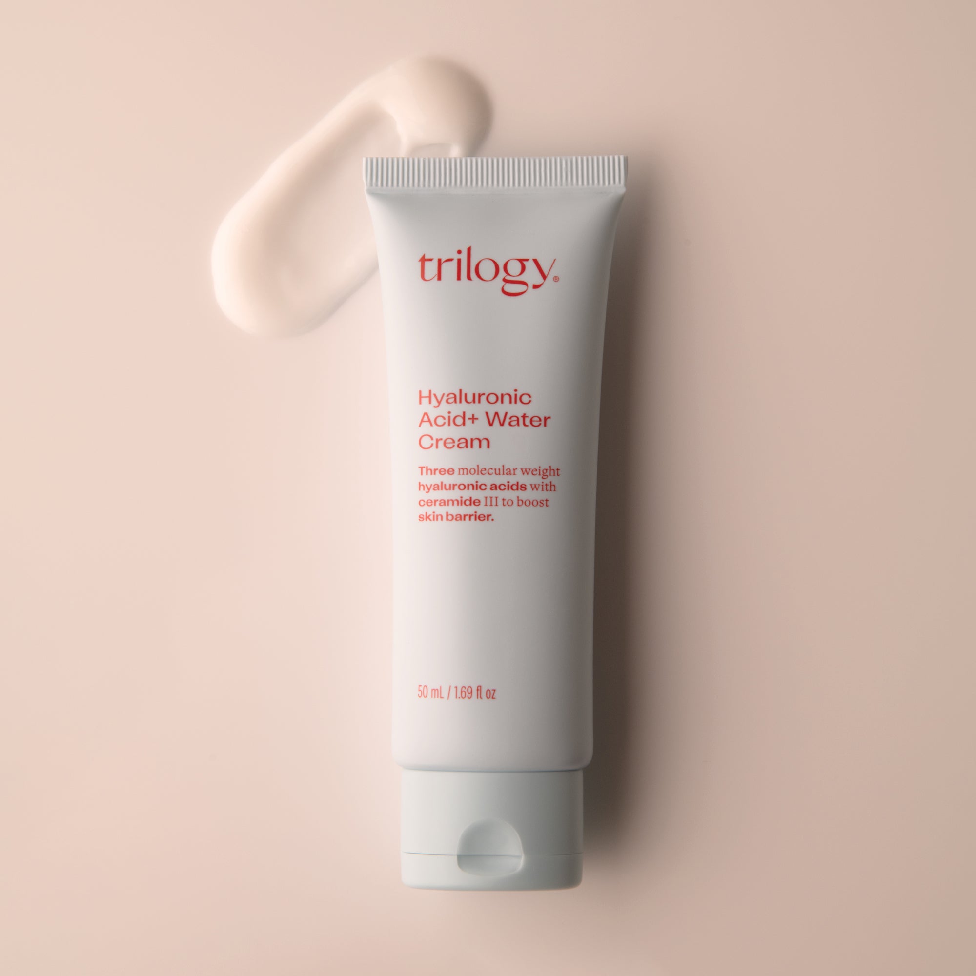Trilogy Skincare Hyaluronic Acid+ Water Cream with swatch.