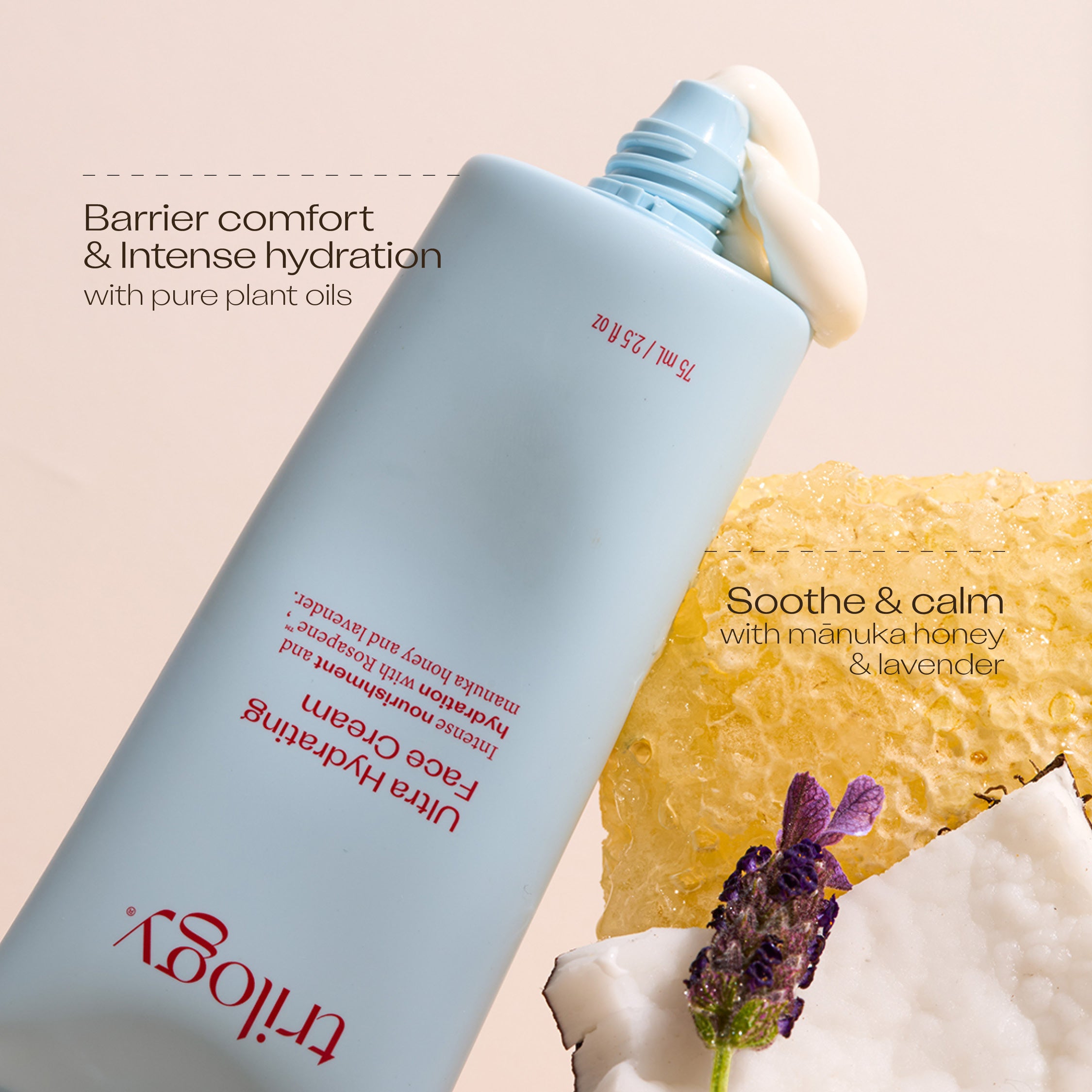 Ultra Hydrating Face Cream benefits and ingredients - pure plant oils provide barrier comfort and intense hydration while Mānuka honey and lavender soothe and calm.