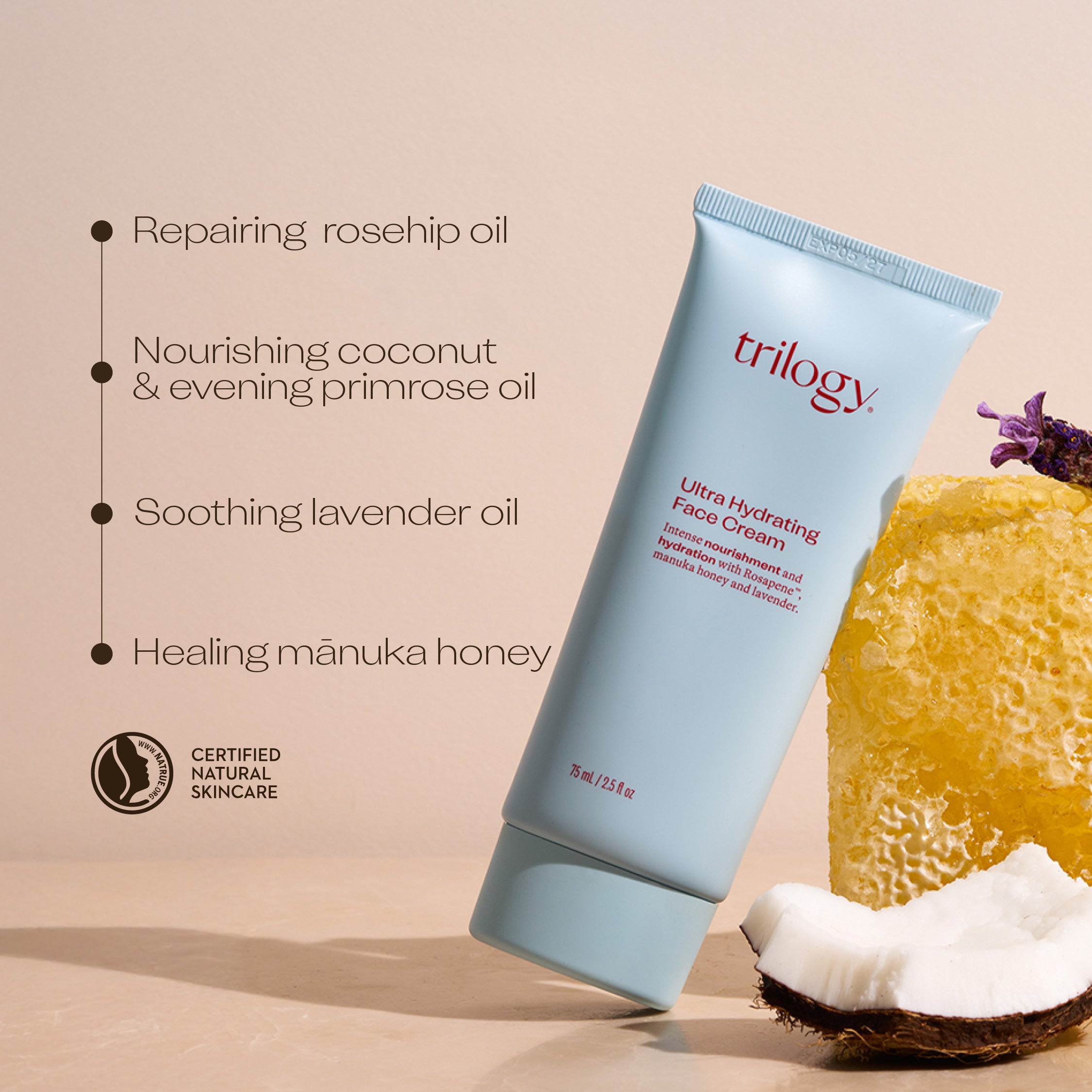 Ultra Hydrating Face Cream benefits - repairing rosehip oil, nourishing coconut & evening primrose oil, soothing lavender oil & healing manuka honey.