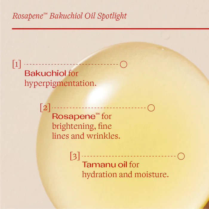 Rosapene Bakuchiol Oil benefits and ingredients - Bakuchiol for hyperpigmentation, Rosapene for brightening, fine line and wrinkles & Tamanu oil for hydration.