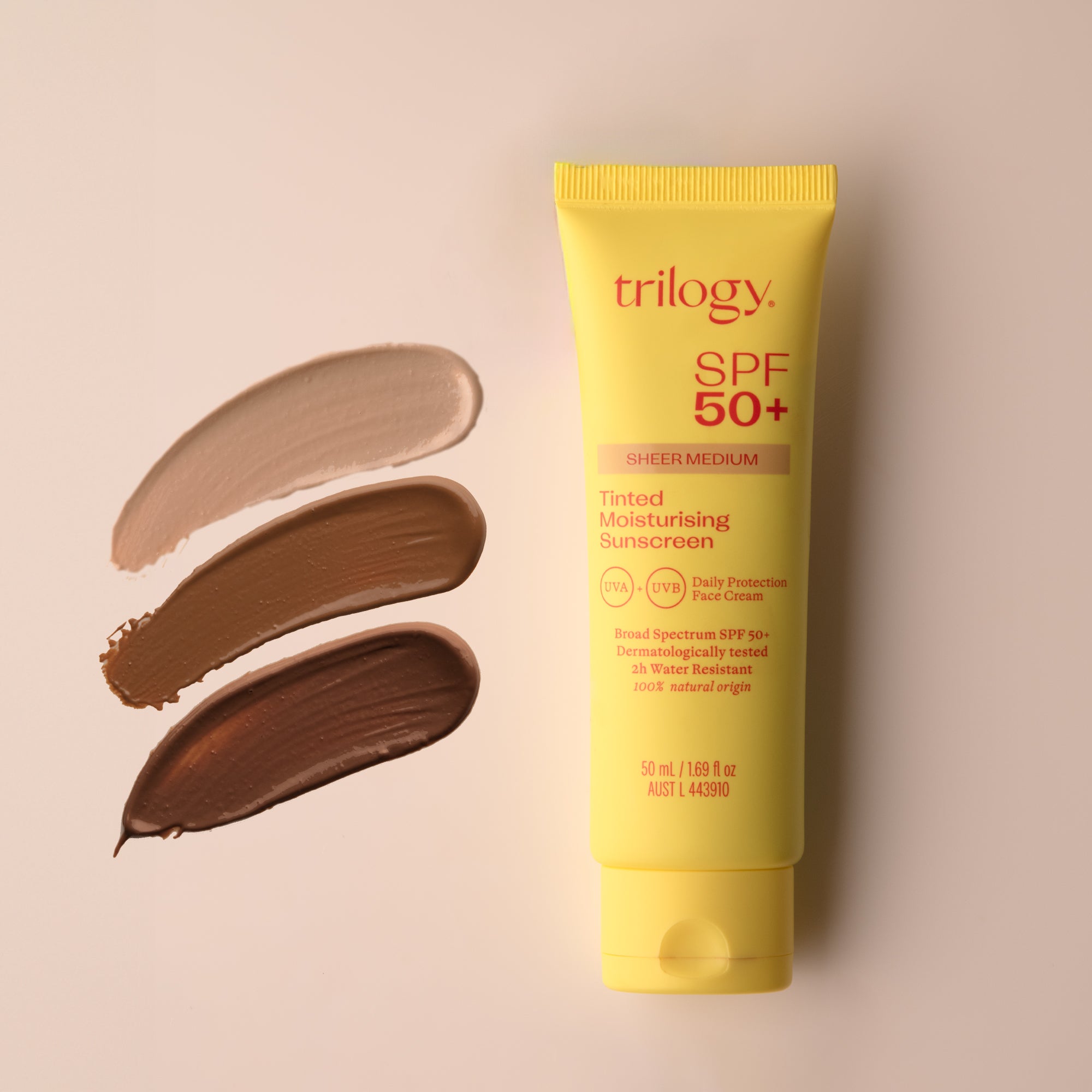 Trilogy skincare SPF 50+ Sheer Tinted Moisturising Sunscreen showing the three different shades light, medium and deep.