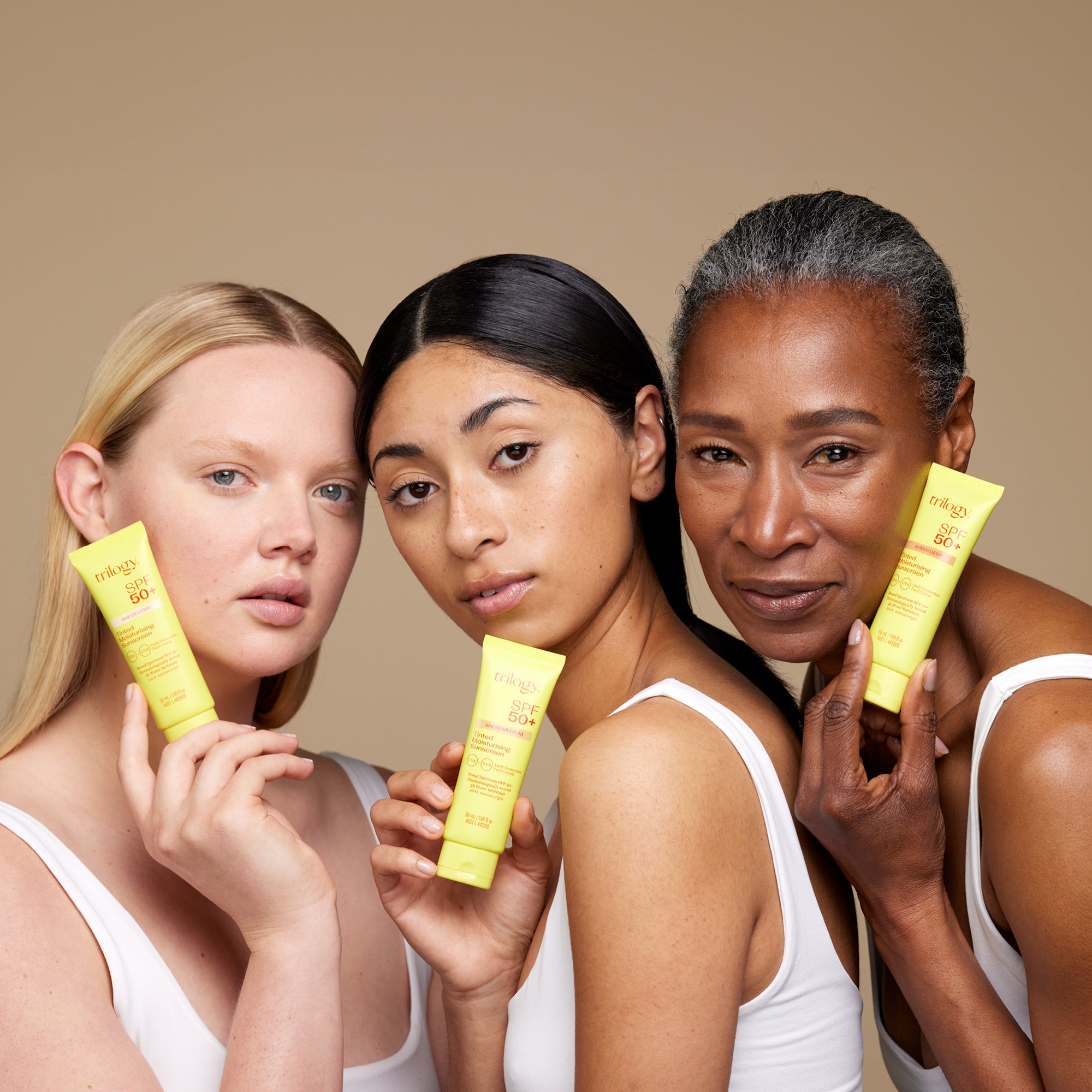 SPF 50+ Sheer Tinted Moisturising Sunscreen model shoot with the 3 different shades.