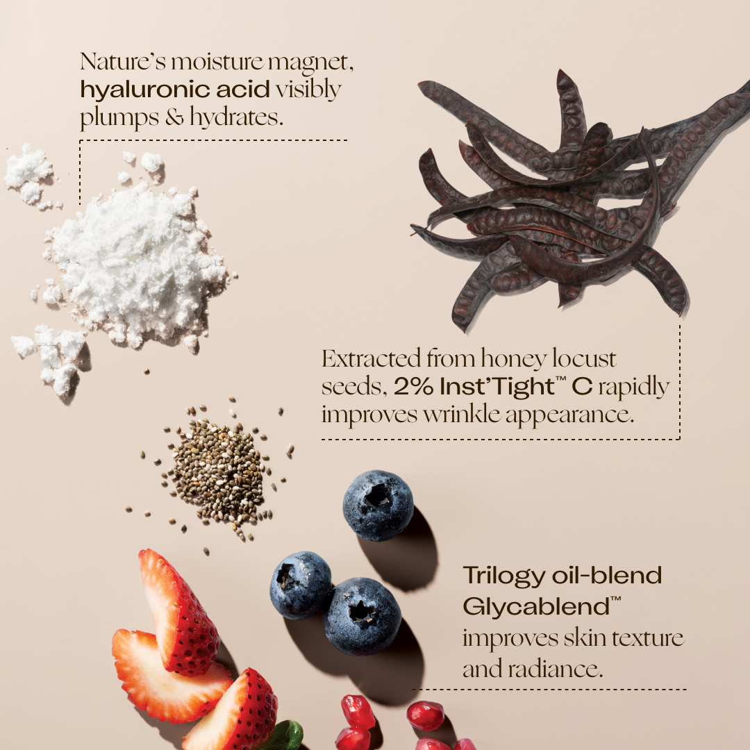 Line Smoothing Day Cream ingredients and benefits - nature's moisture magnet hyaluronic acid visibly plums and hydrates, 2% Inst'Tight™ C rapidly improves wrinkle appearance, Trilogy oil-blend Glycablend™ improves skin texture and radiance.