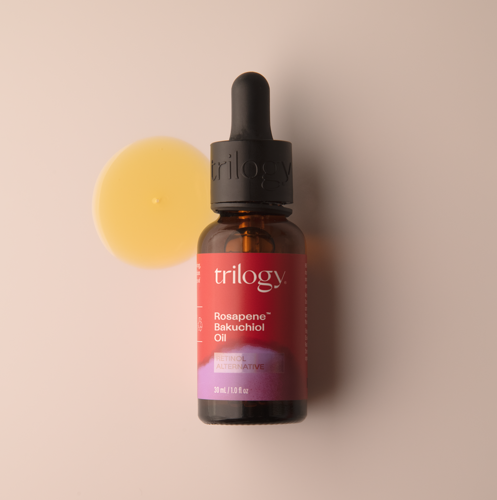 Trilogy Skincare Rosapene Bakuchiol Oil, 30ml with swatch.