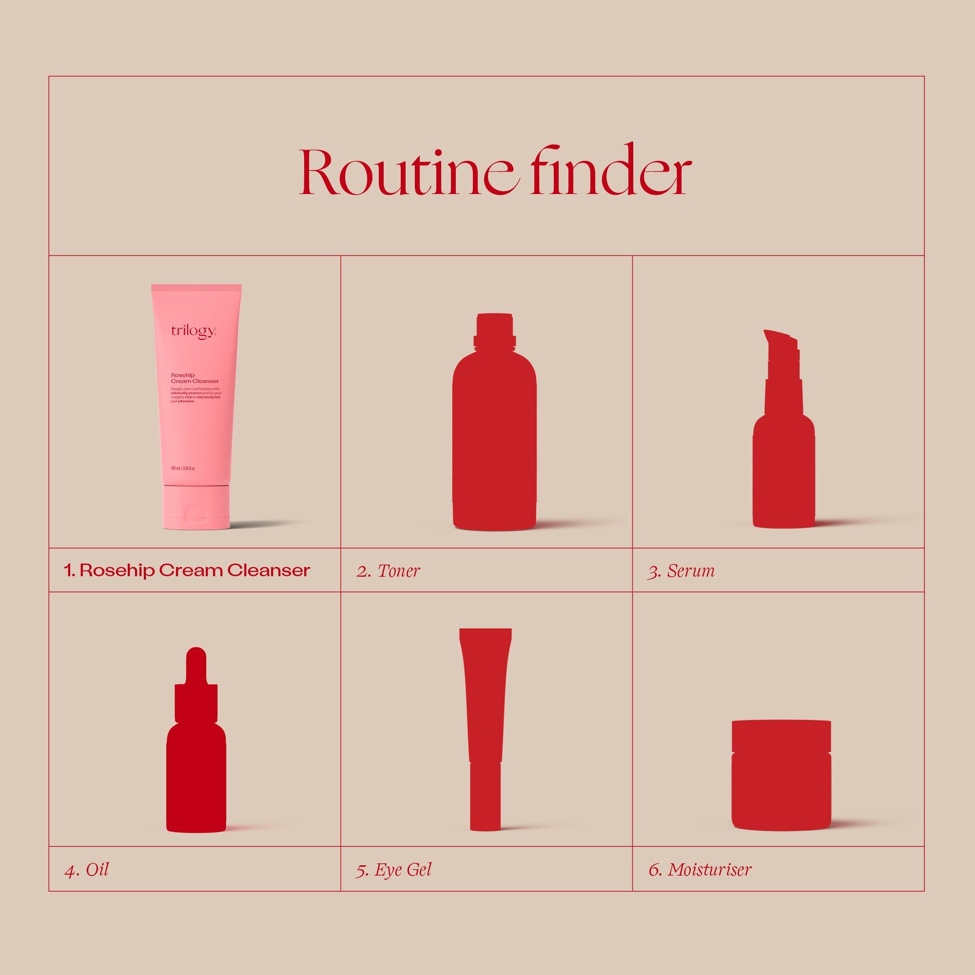 Rosehip Cream Cleanser in routine - Rosehip Cream Cleanser, toner, serum, oil, eye gel and moisturiser.