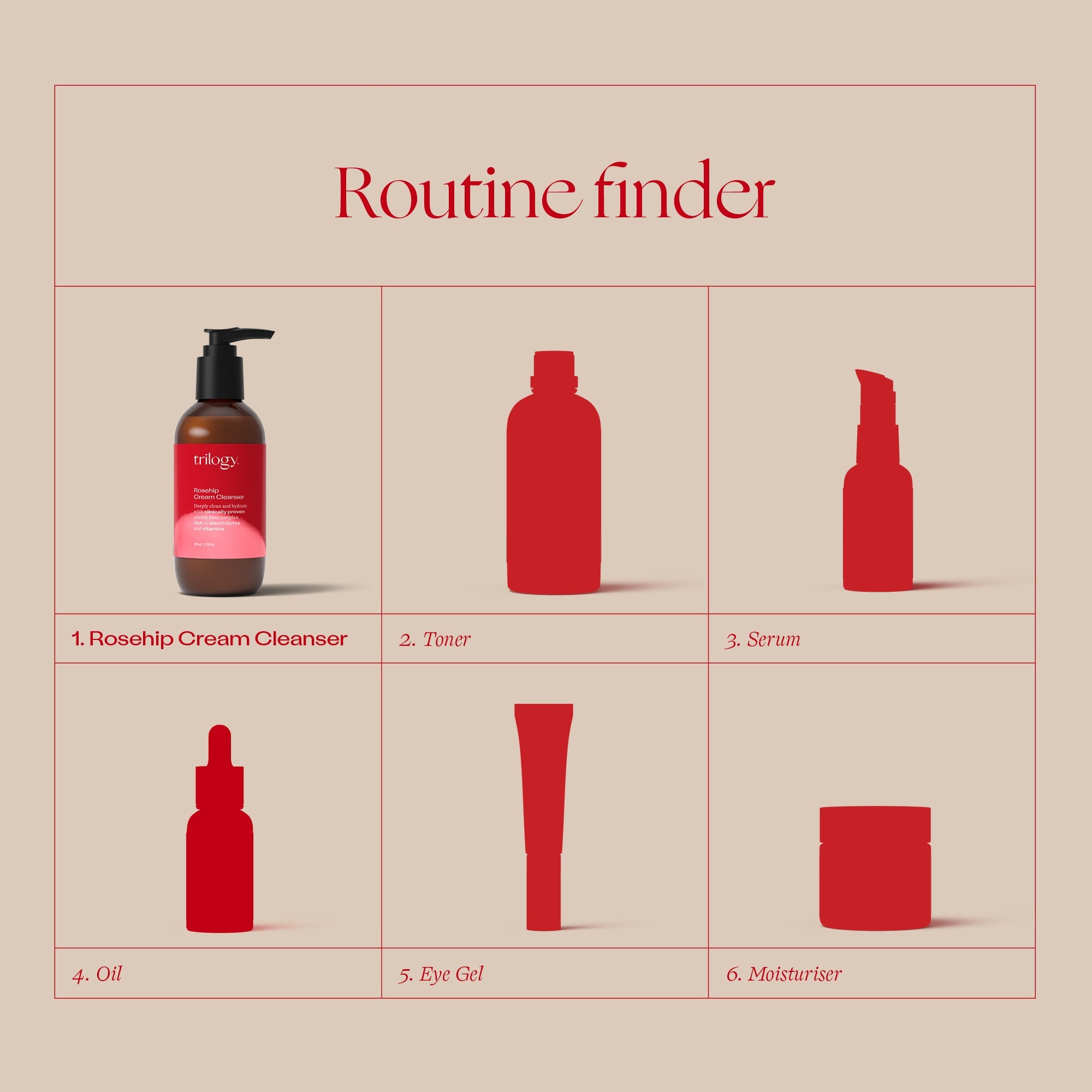 Rosehip Cream Cleanser in routine - Rosehip Cream Cleanser, toner, serum, oil, eye gel, moisturiser.
