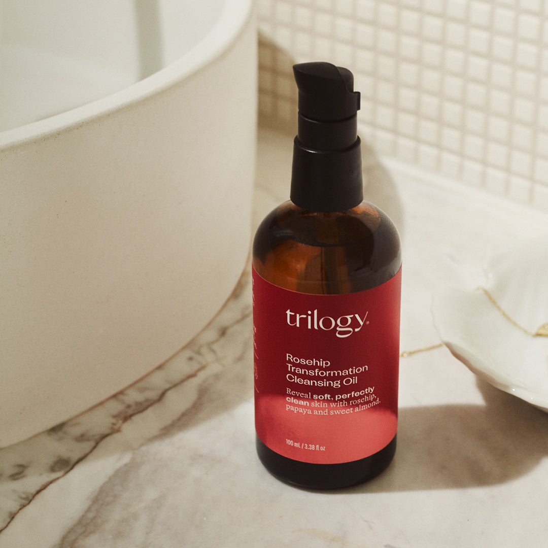 Rosehip Transformation Cleansing Oil in a bathroom.