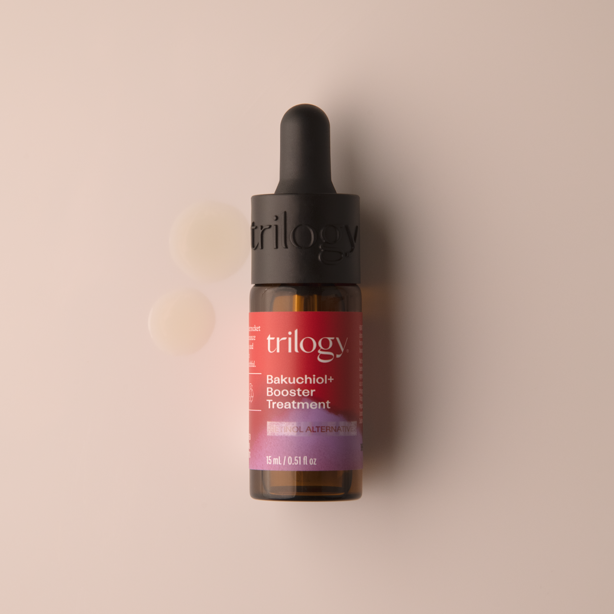 Trilogy Skincare Bakuchiol+ Booster Treatment with swatch on beige background.