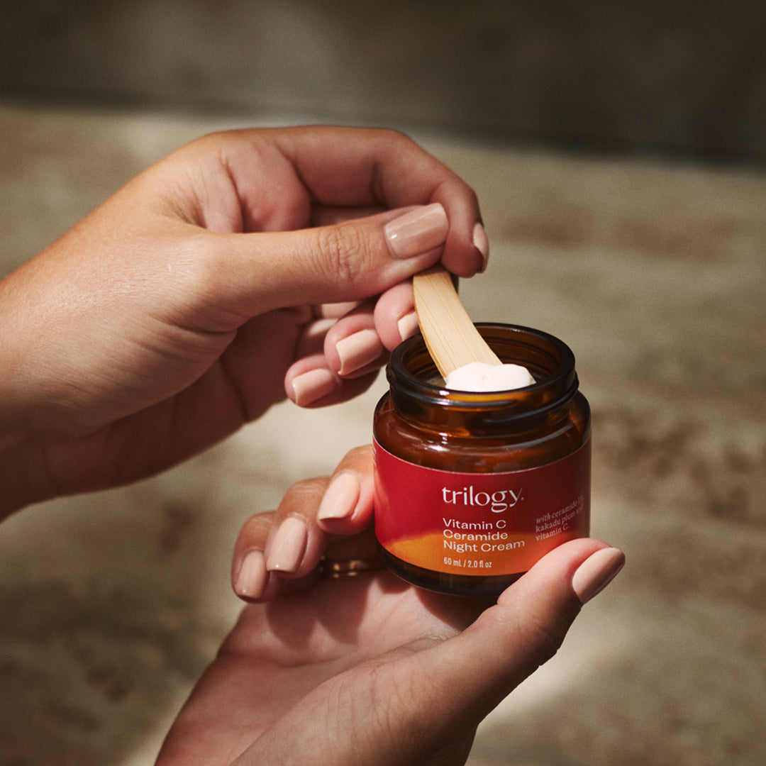 Vitamin C Ceramide Night Cream showing texture and inside the packaging.