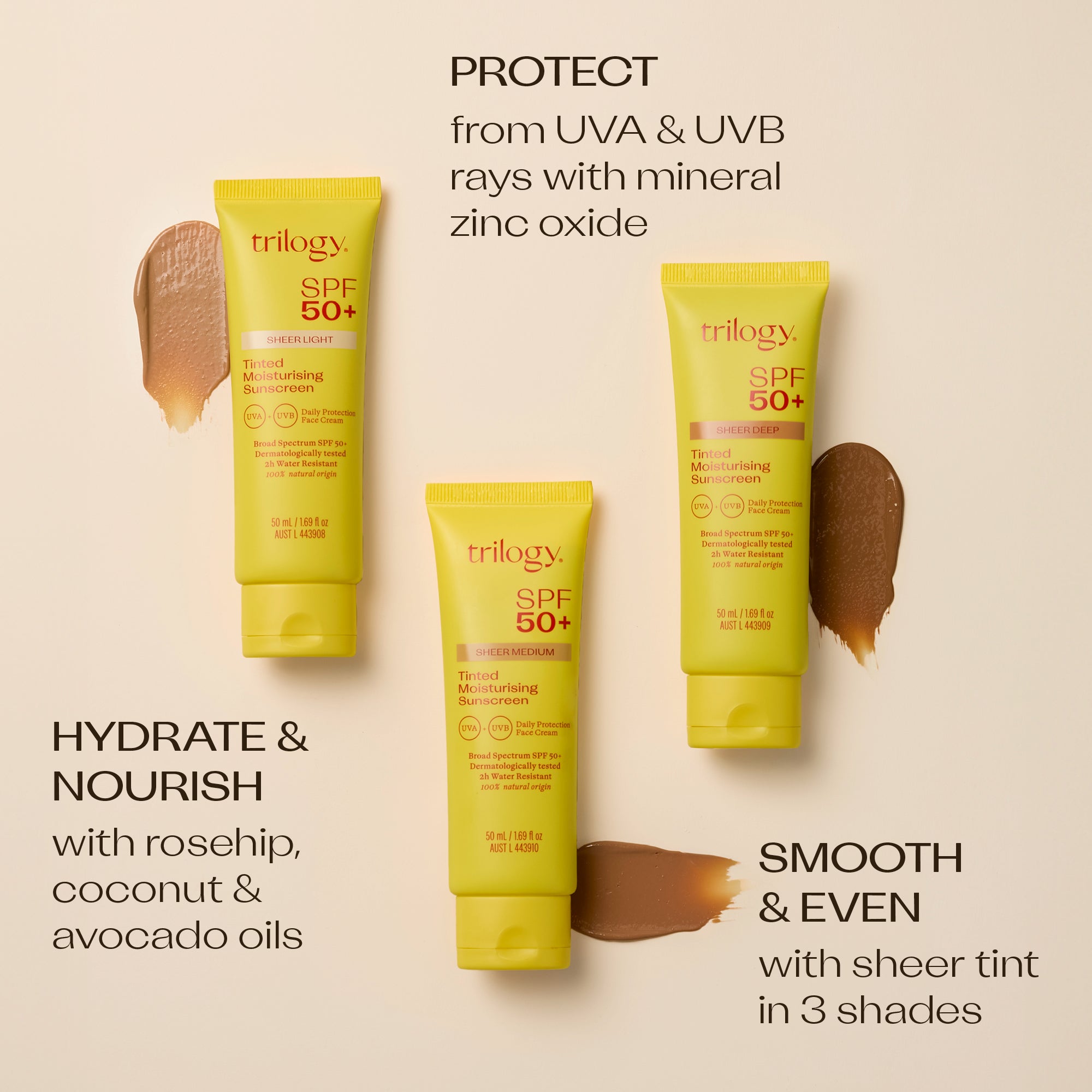 SPF 50+ Sheer Tinted Moisturising Sunscreen benefit with all shades.