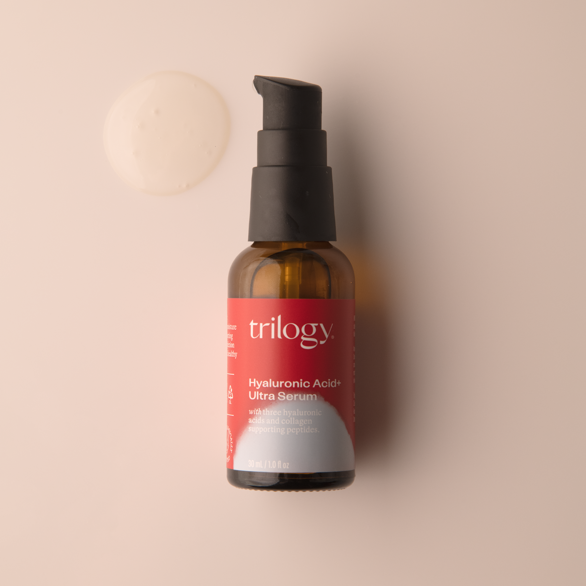 Trilogy Skincare Hyaluronic Acid+ Ultra Serum with swatch.