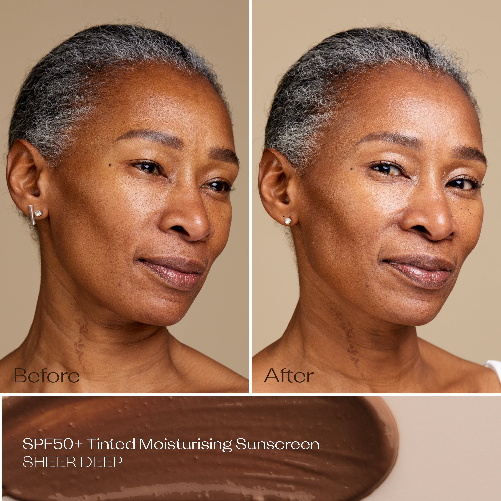 SPF 50+ Sheer Tinted Moisturising Sunscreen before and after product application deep.