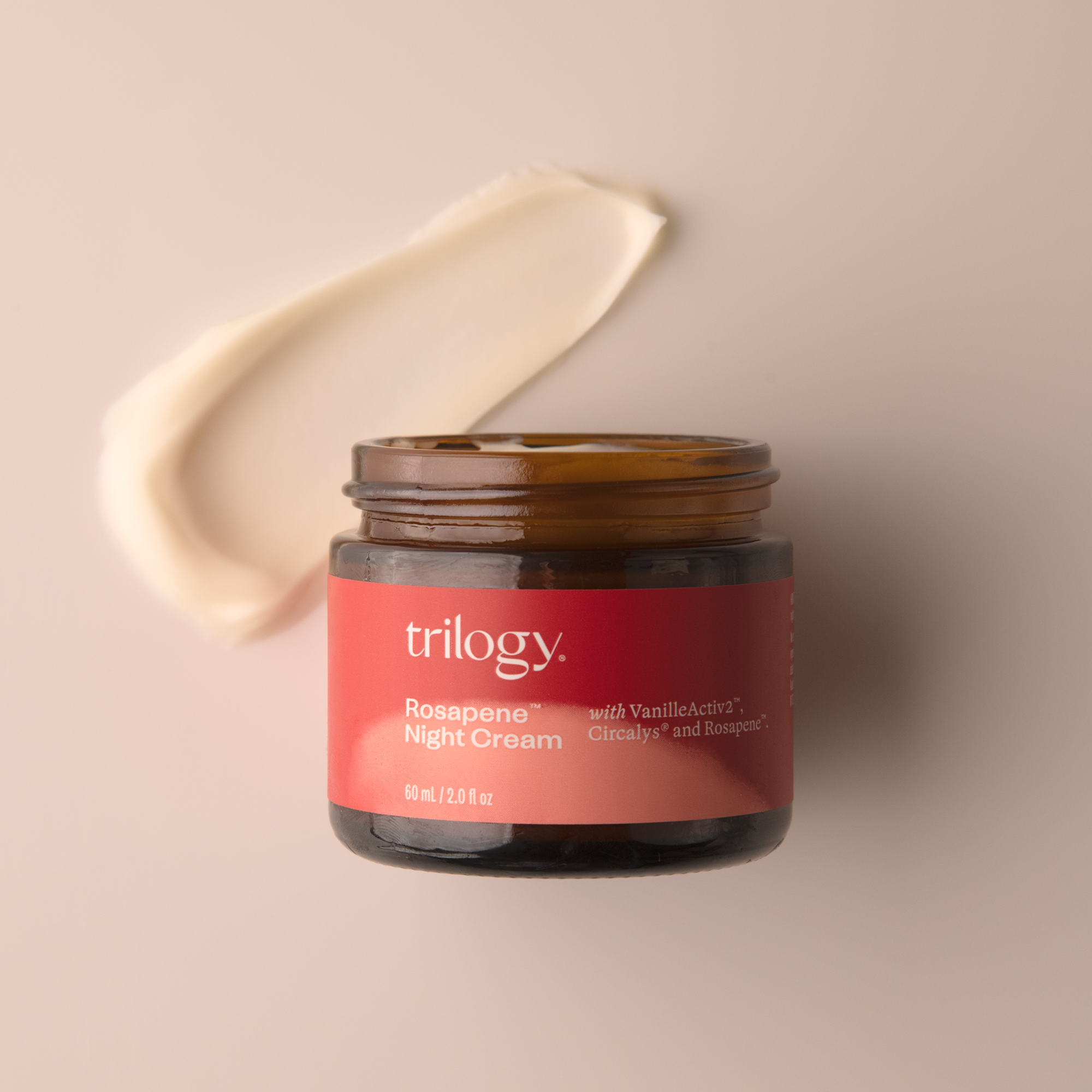 Trilogy Skincare Rosapene™ Night Cream, 60ml with swatch of the product.