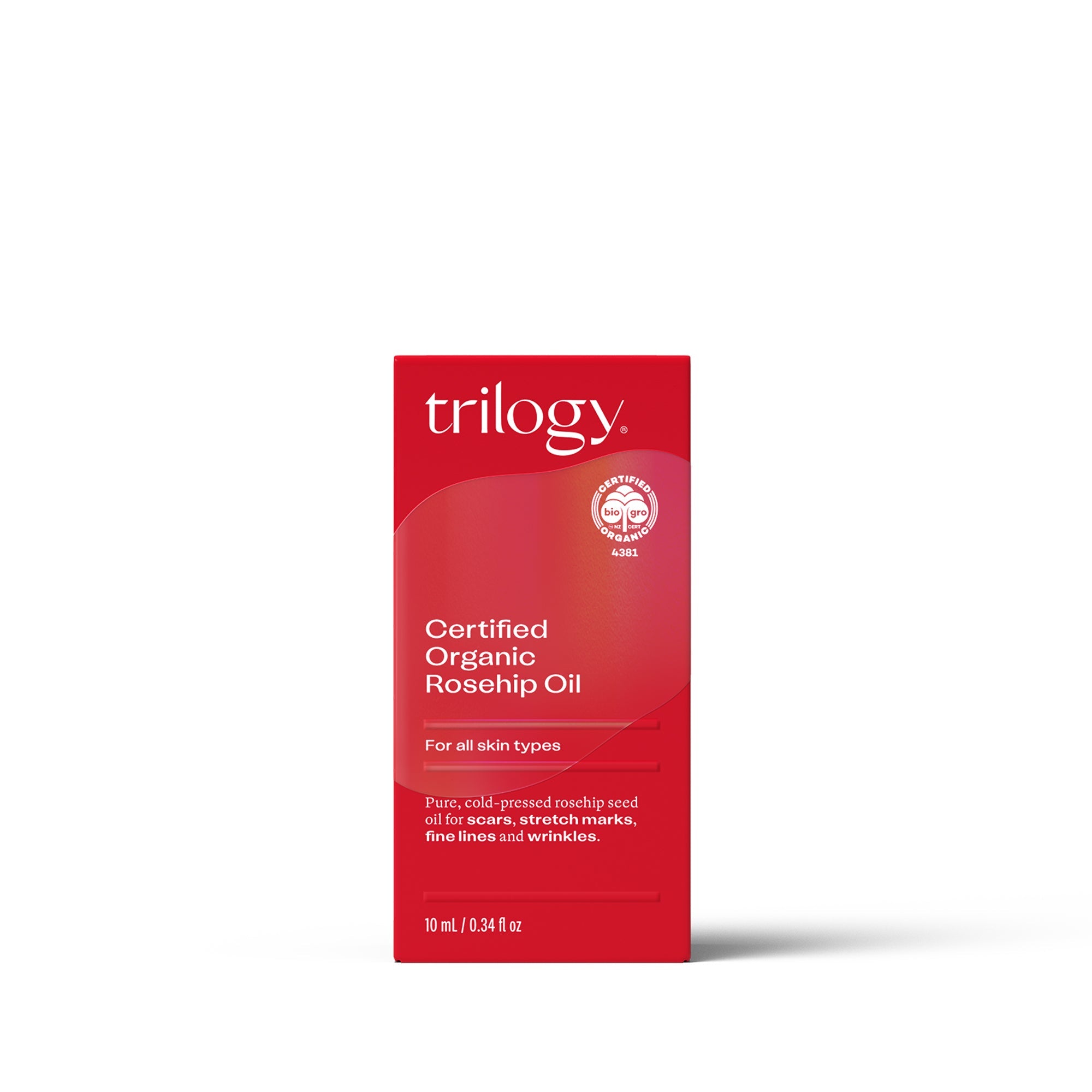 Certified Organic Rosehip Oil 10mL in packaging.