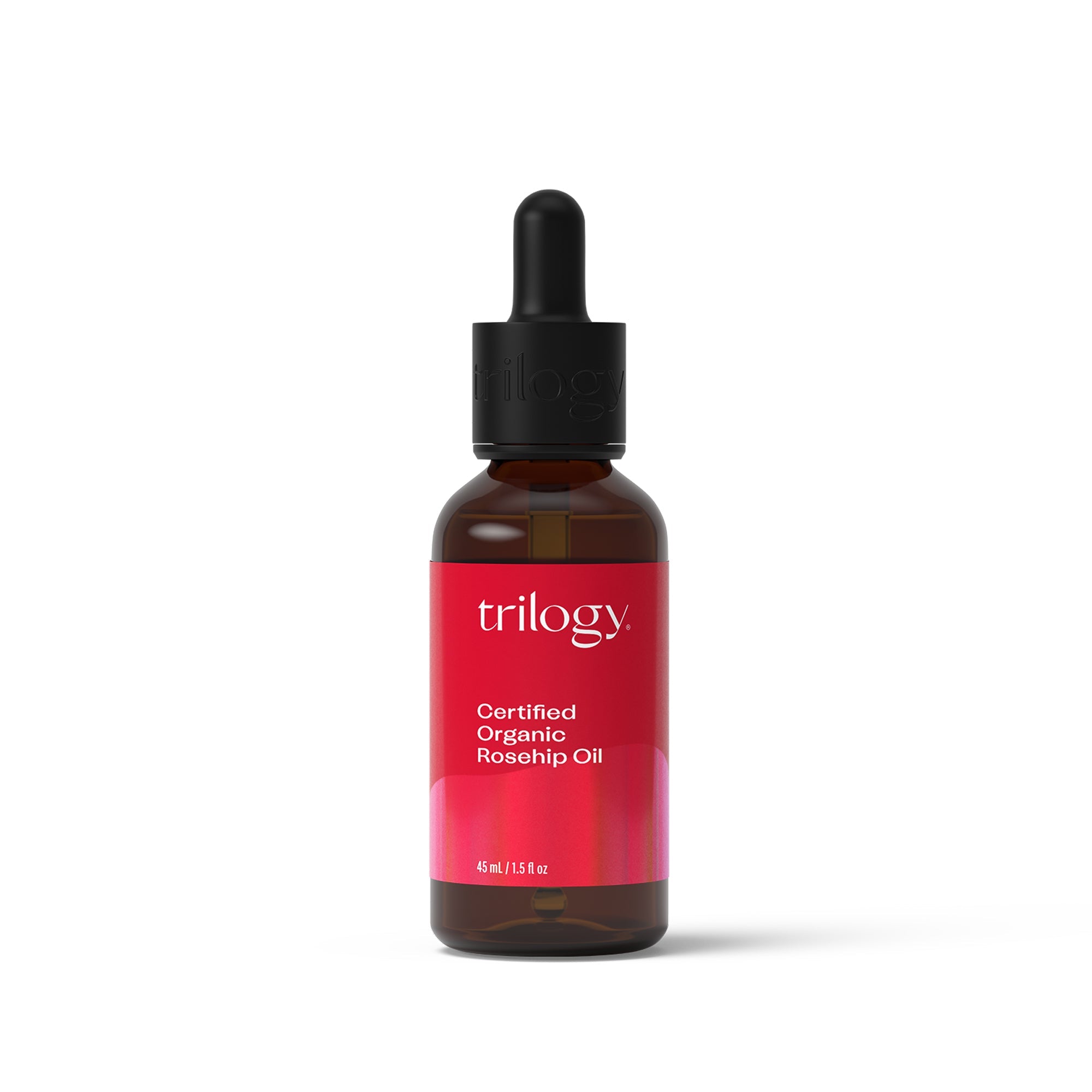 Certified Organic Rosehip Oil 45ml vessel on white background, no packaging.