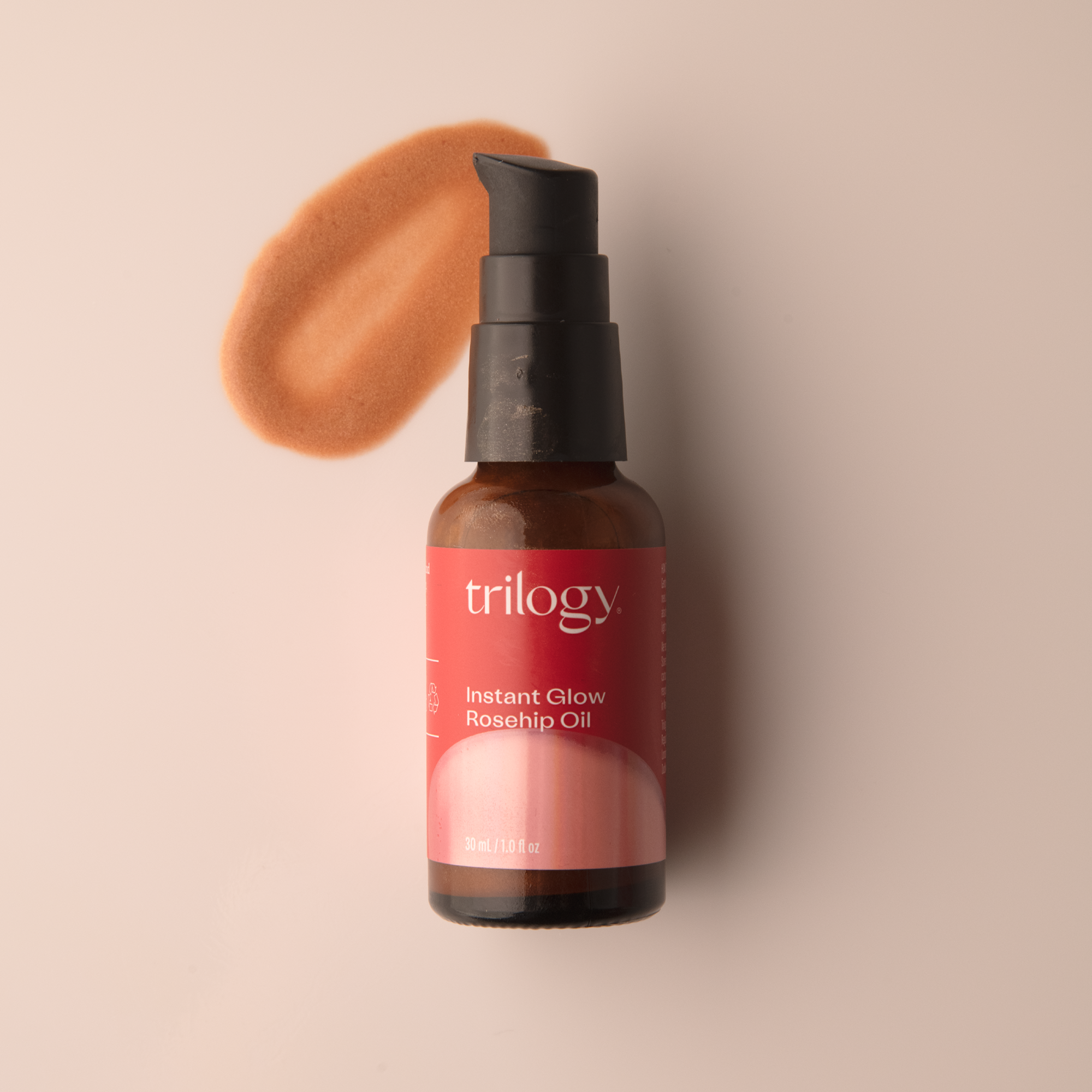 Trilogy Skincare Instant Glow Rosehip Oil with swatch.