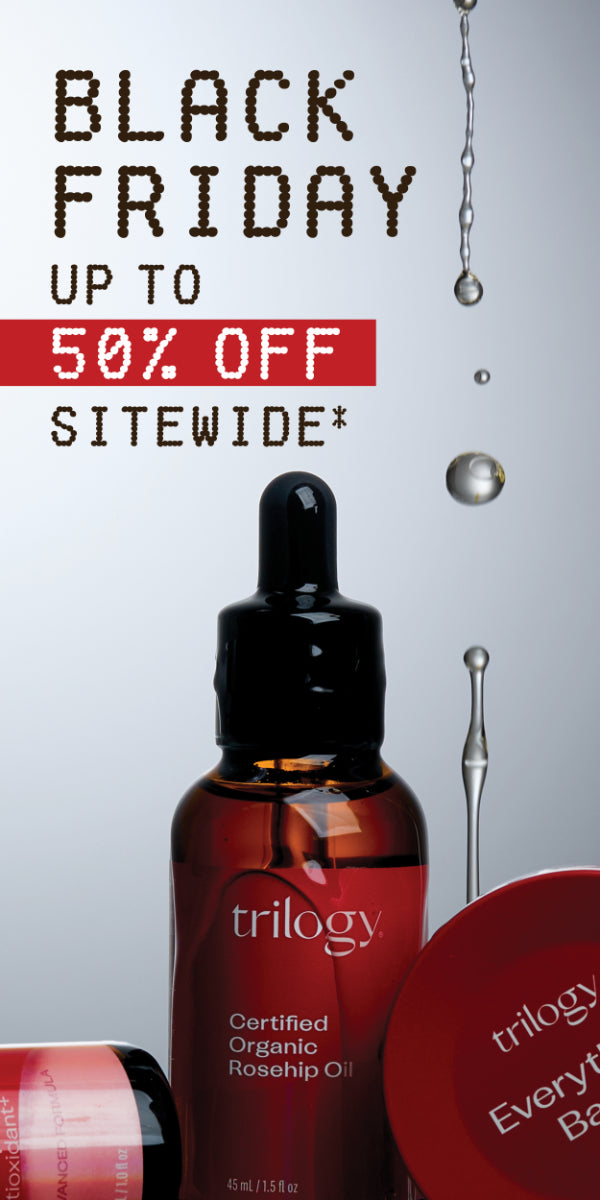 Trilogy skincare product with black Friday sale text on a gray background