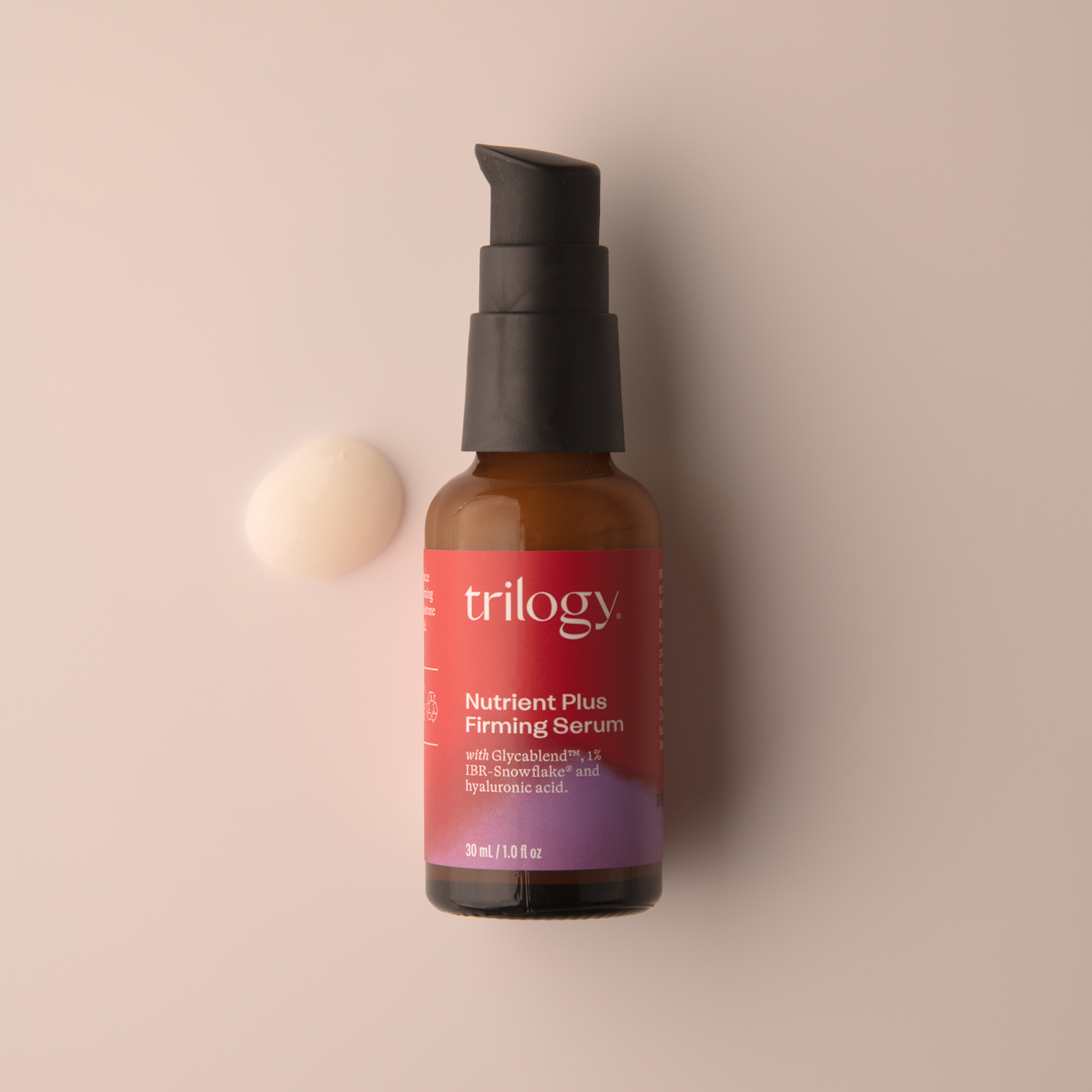 Trilogy Skincare Nutrient Plus Firming Serum with swatch. 