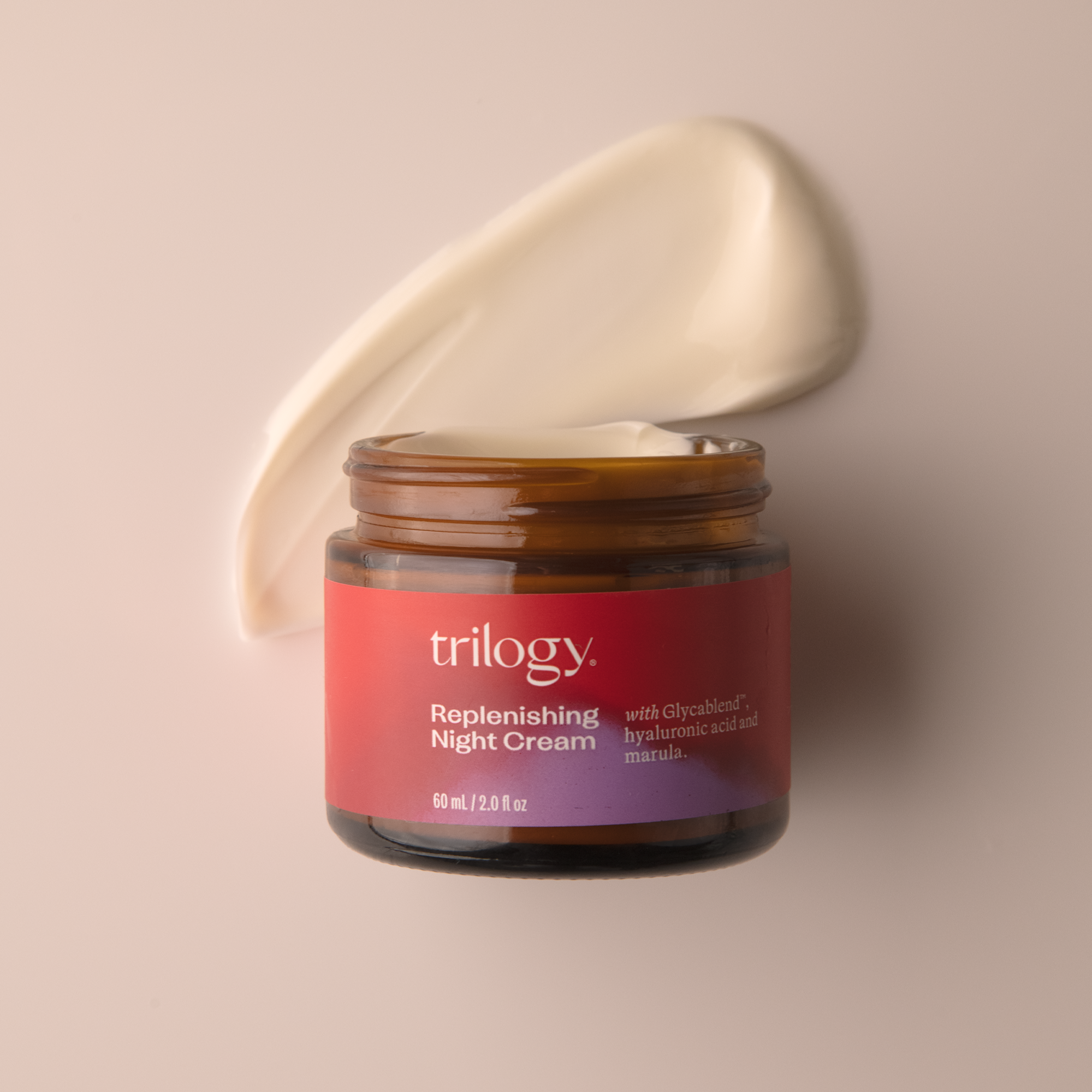 Trilogy Skincare Replenishing Night Cream with swatch. 