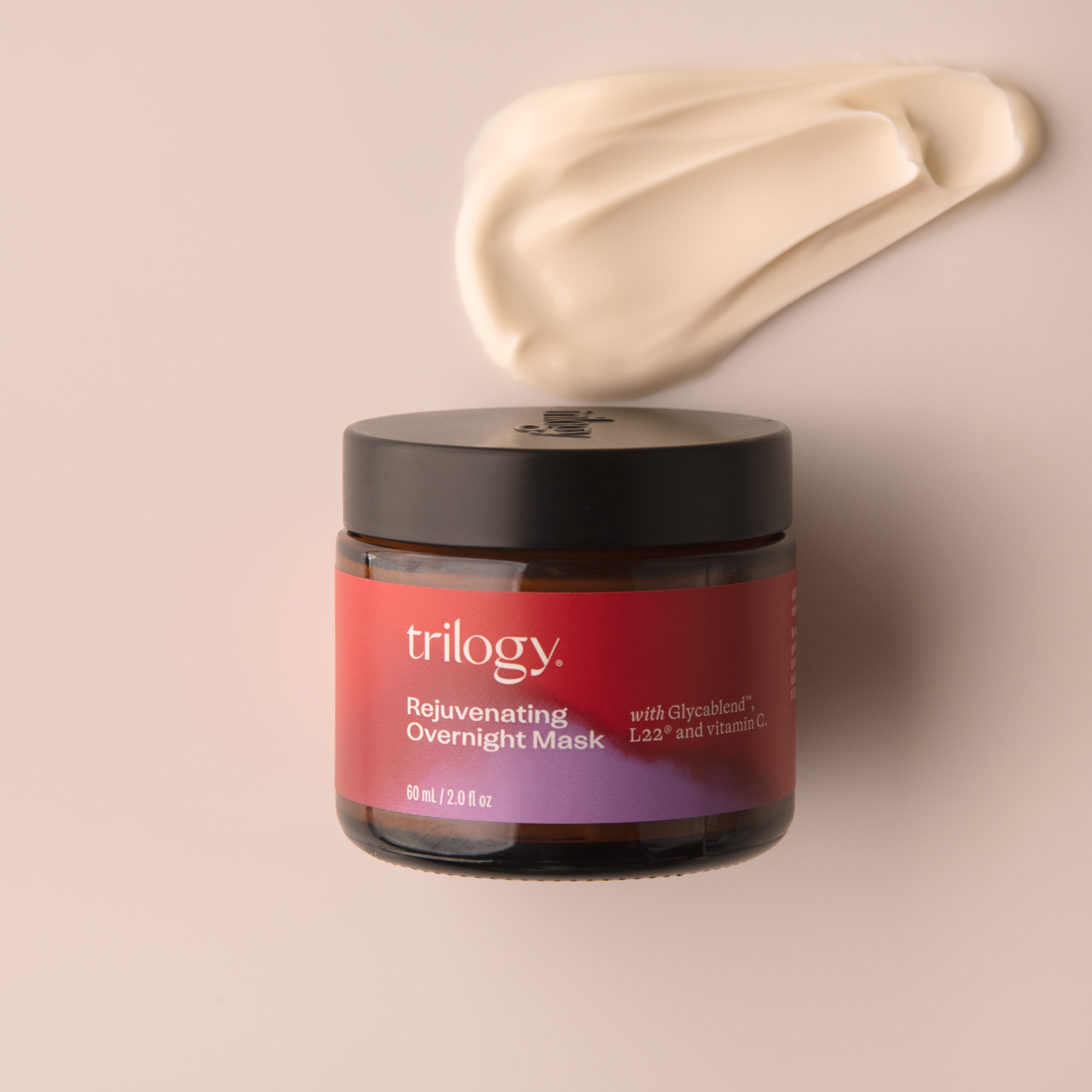 Trilogy Skincare Rejuvenating Overnight Mask with swatch. 