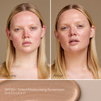 SPF 50+ Sheer Tinted Moisturising Sunscreen light before and after application. 
