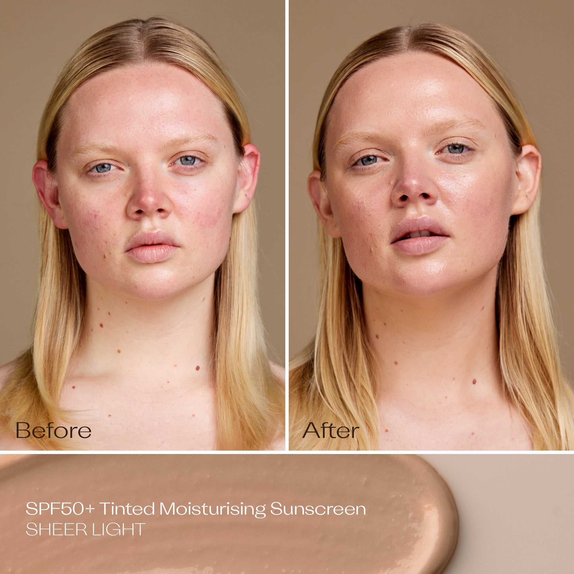 SPF 50+ Sheer Tinted Moisturising Sunscreen light before and after application. 
