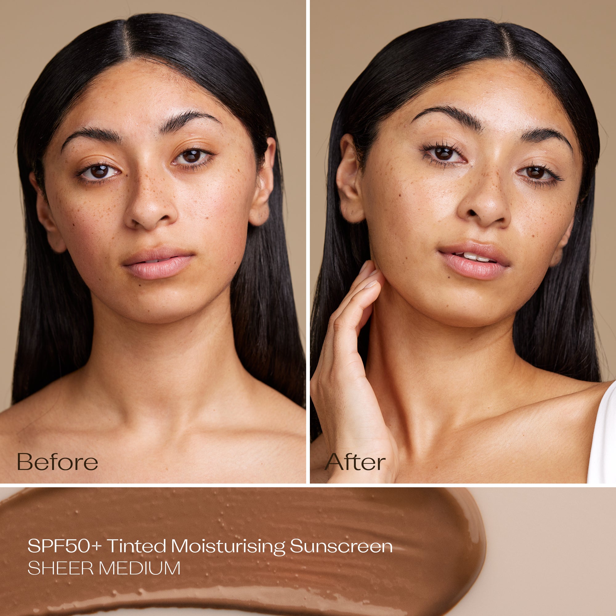 SPF 50+ Sheer Tinted Moisturising Sunscreen medium before and after application. 
