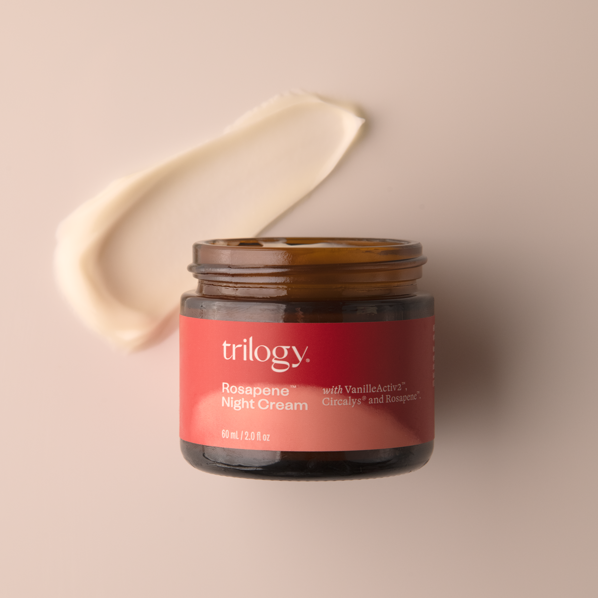 Trilogy Skincare Rosapene™ Night Cream, 60ml with swatch of the product. 