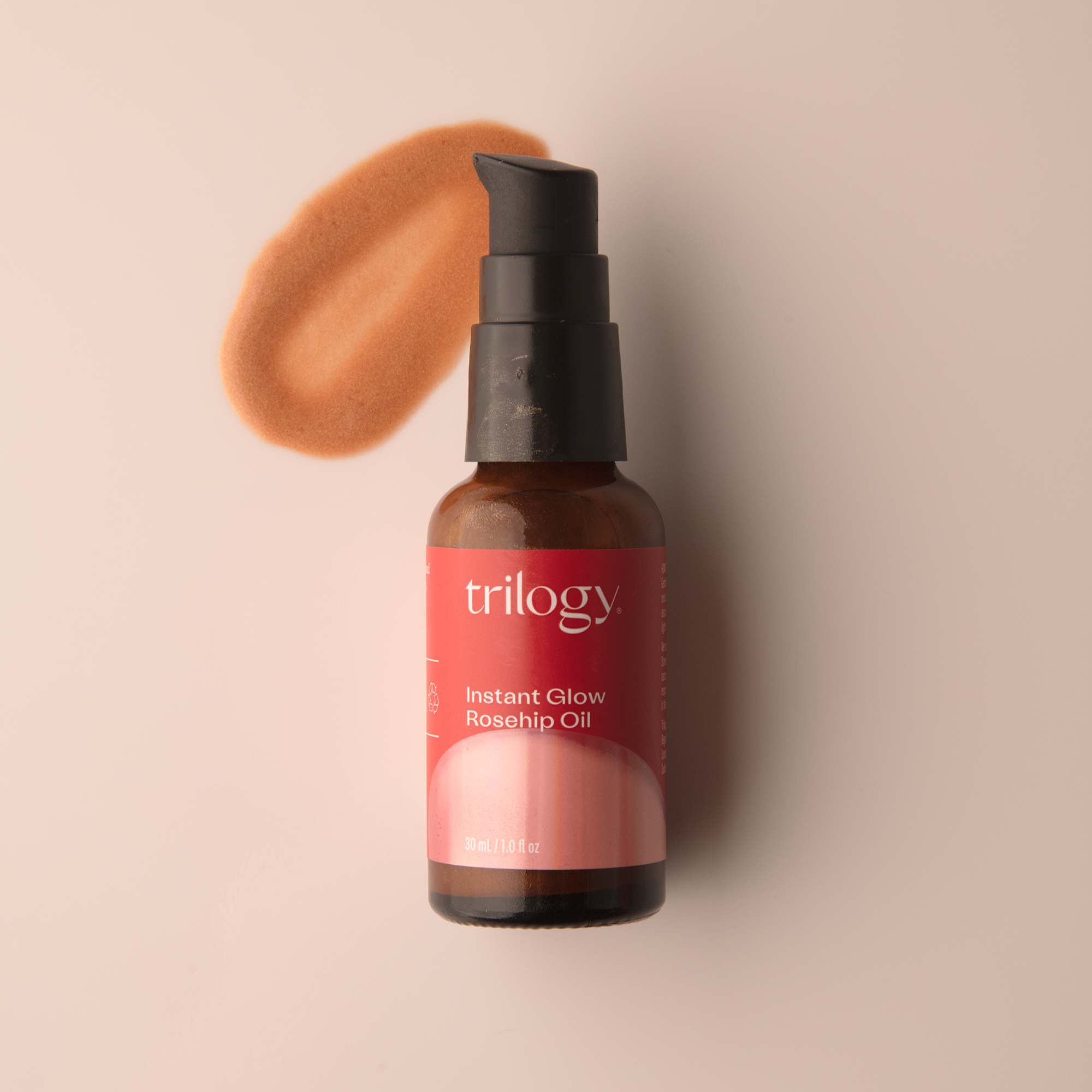 Trilogy Skincare Instant Glow Rosehip Oil with swatch. 