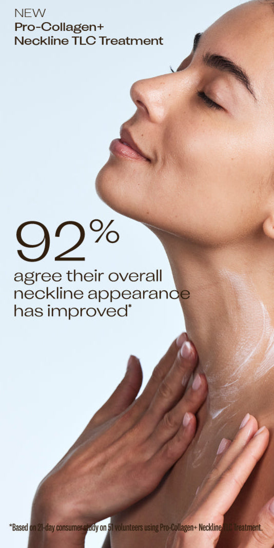 Advertisement for a neck treatment showing a woman's neck with cream and text about improved appearance.